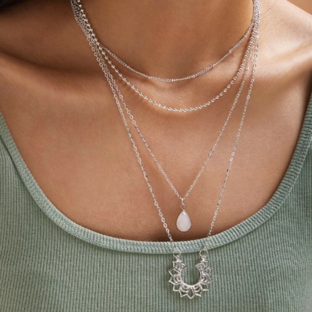 NEW Silver 2 pc Layered Lotus Water Drop Necklace - Picture 6 of 8